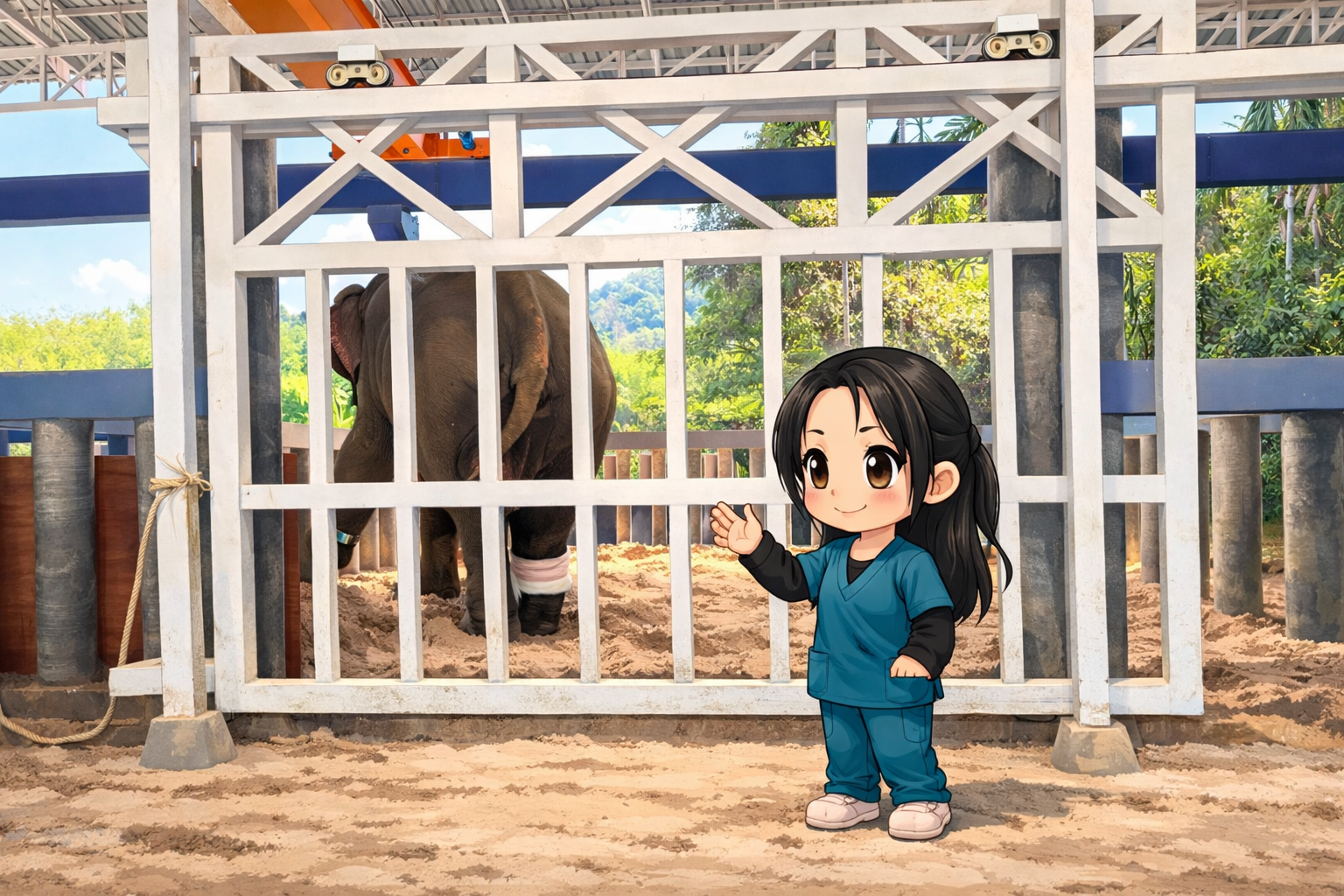 เจ้าหน้าที่ดูแลช้างในศูนย์ฟื้นฟู ยืนอยู่หน้าคอกขณะช้างพักรักษาตัว สะท้อนความสำคัญของสวัสดิภาพและการอนุรักษ์ช้างไทย - งาเดียว