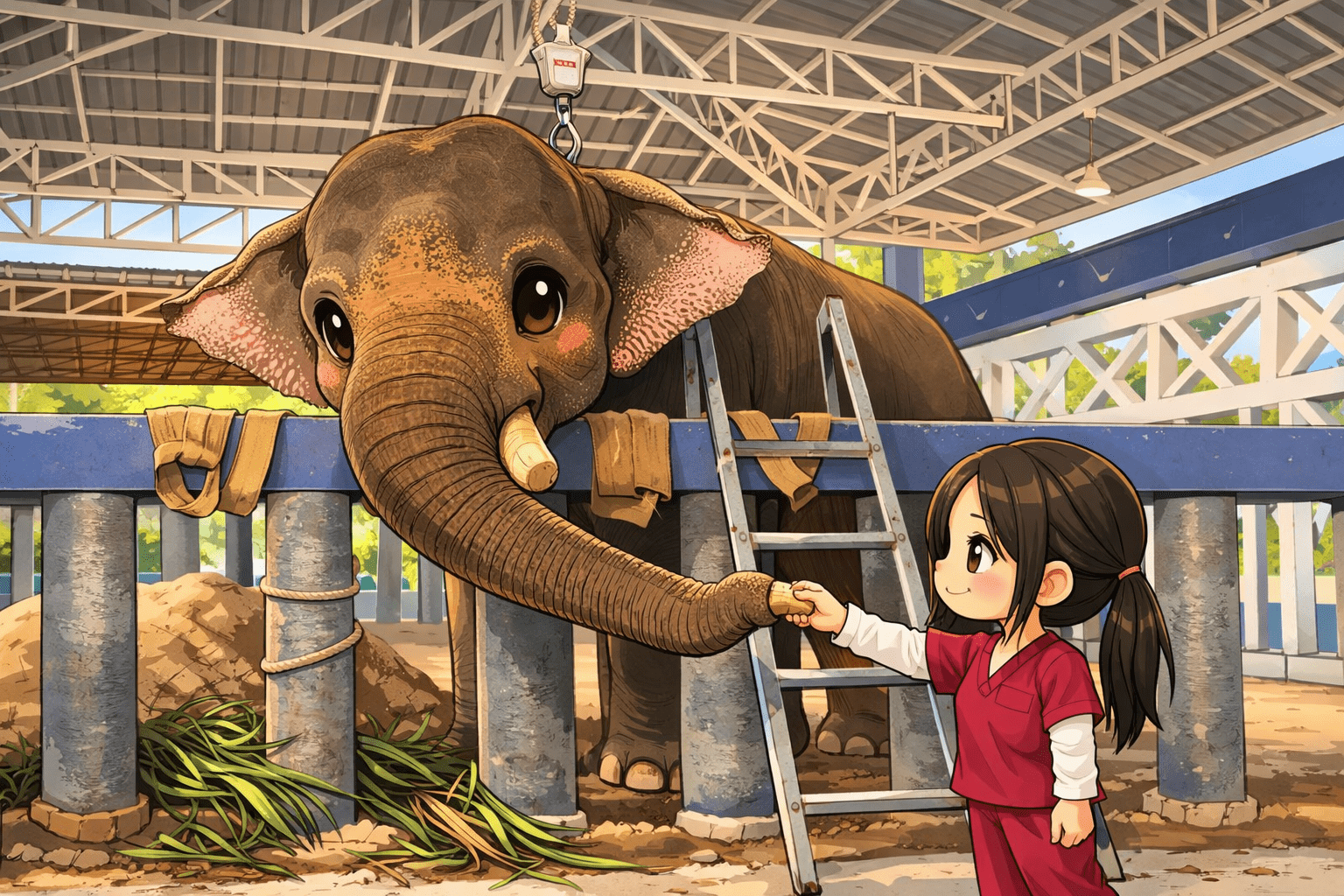 หมอโบว์ยื่นมือสัมผัสงวงพี่งาเดียวในคอกรักษา สะท้อนความผูกพันและการดูแลช้างไทยอย่างใกล้ชิด